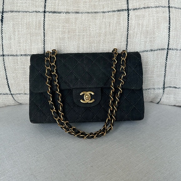 CHANEL💫 Rare Vintage Black Denim Classic Double Flap Small - Picture 1 of 6